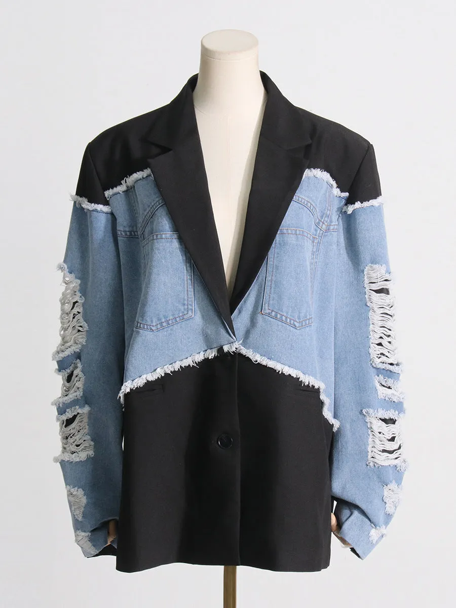 Color Blocking Loose Denim Jacket