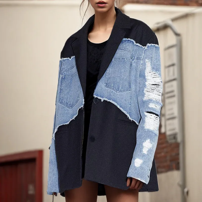 Color Blocking Loose Denim Jacket