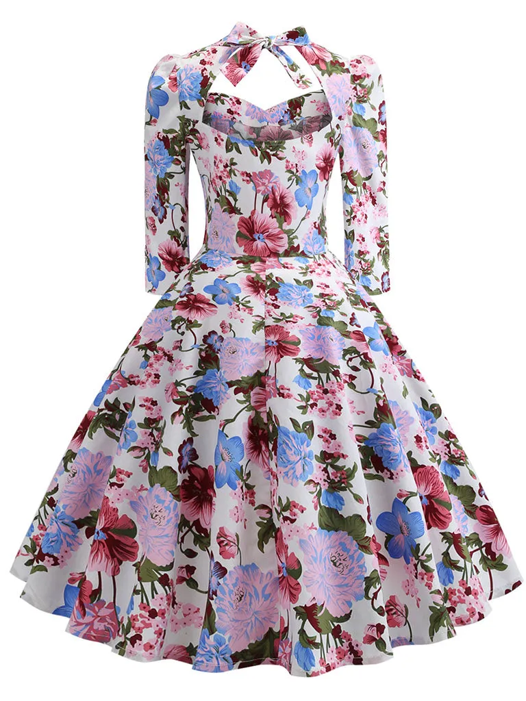Cotton Floral Printed Back Bow Hollow Out 1950S Dress