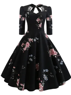 Cotton Floral Printed Back Bow Hollow Out 1950S Dress