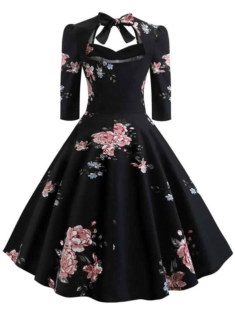 Cotton Floral Printed Back Bow Hollow Out 1950S Dress