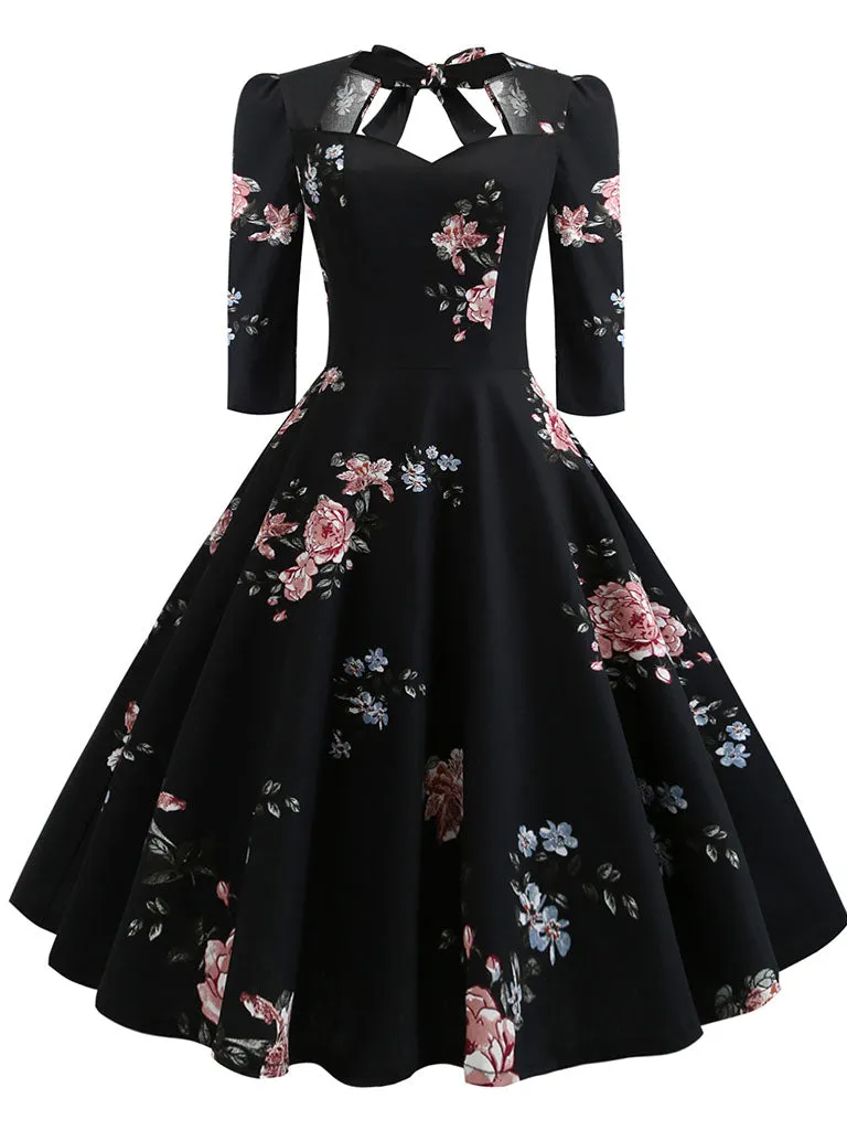 Cotton Floral Printed Back Bow Hollow Out 1950S Dress