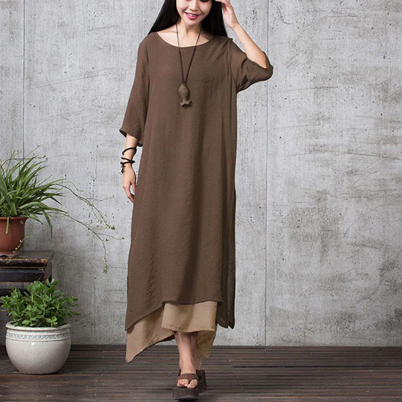 Cotton Linen Vintage Dress Summer Autumn Women Casual Loose Boho Long Maxi Dresses Vestidos Plus Size