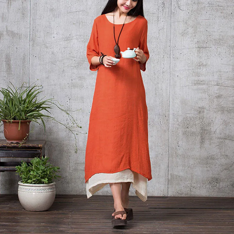 Cotton Linen Vintage Dress Summer Autumn Women Casual Loose Boho Long Maxi Dresses Vestidos Plus Size