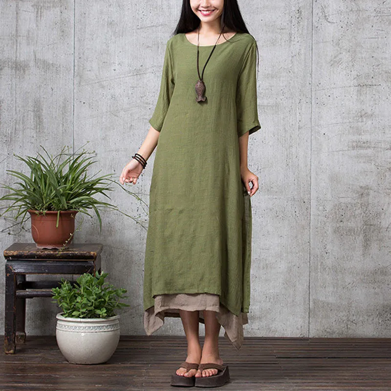 Cotton Linen Vintage Dress Summer Autumn Women Casual Loose Boho Long Maxi Dresses Vestidos Plus Size
