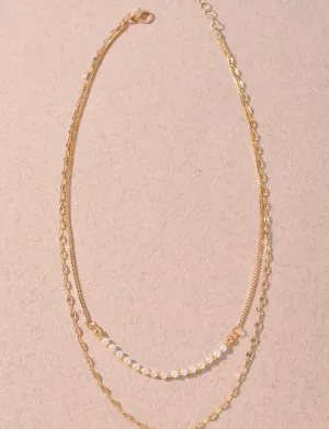 Curved Pearl Bar Paperclip Double Layered Short Necklace