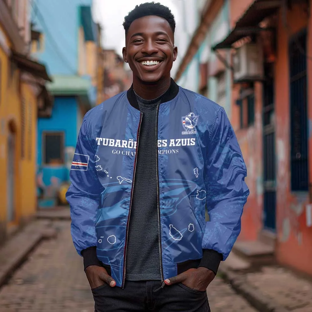 Custom Cape Verde Football Bomber Jacket Go Champions Tubaroes Azuis LT15