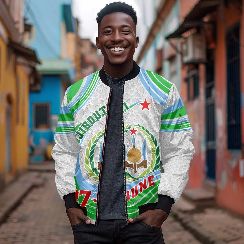 Custom Djibouti Independence Day Bomber Jacket - June 27, Jabuuti Emblem with Islamic Pattern LT01