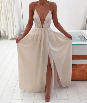 Custom Made A Line Backless White Long Prom Dresses, Sexy Evening Dresses