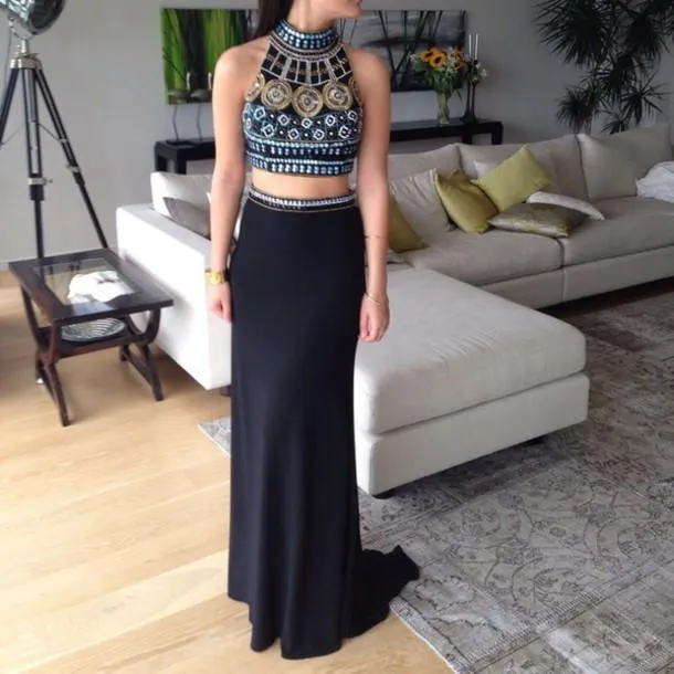Custom Made High Neck Black Two Pieces Mermaid Long Prom Dresses, 2 Pieces Formal Dresses