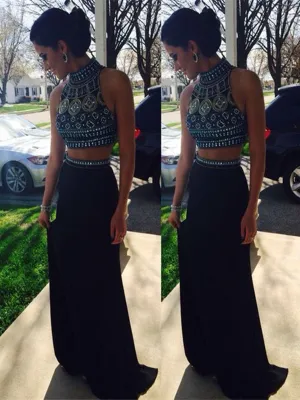 Custom Made High Neck Black Two Pieces Mermaid Long Prom Dresses, 2 Pieces Formal Dresses