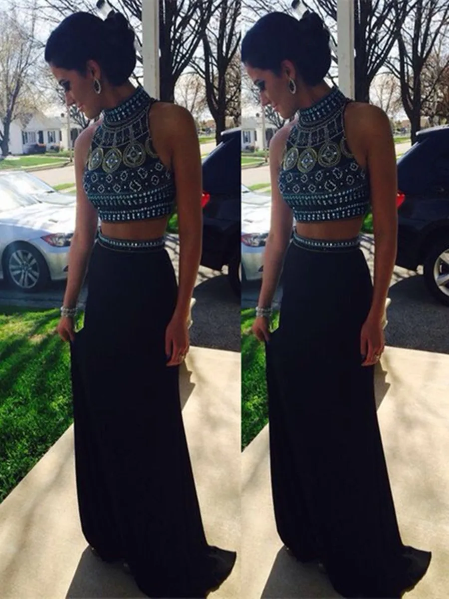 Custom Made High Neck Black Two Pieces Mermaid Long Prom Dresses, 2 Pieces Formal Dresses