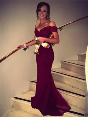 Custom Made Sweetheart Neck Off Shoulder Mermaid Burgundy Lace Prom Dress, Bridesmaid Dress, Formal Dress