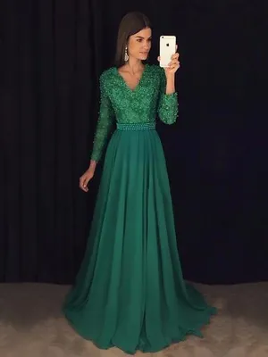 Custom Made V Neck Emerald Green Prom Dress with Long Sleeves , Green Formal Dress, Long Sleeves Graduation Dress