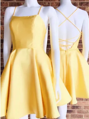 Custom Made Yellow Spaghetti Straps Short Satin Prom Homecoming Dress , Short Backless School Dance Dress
