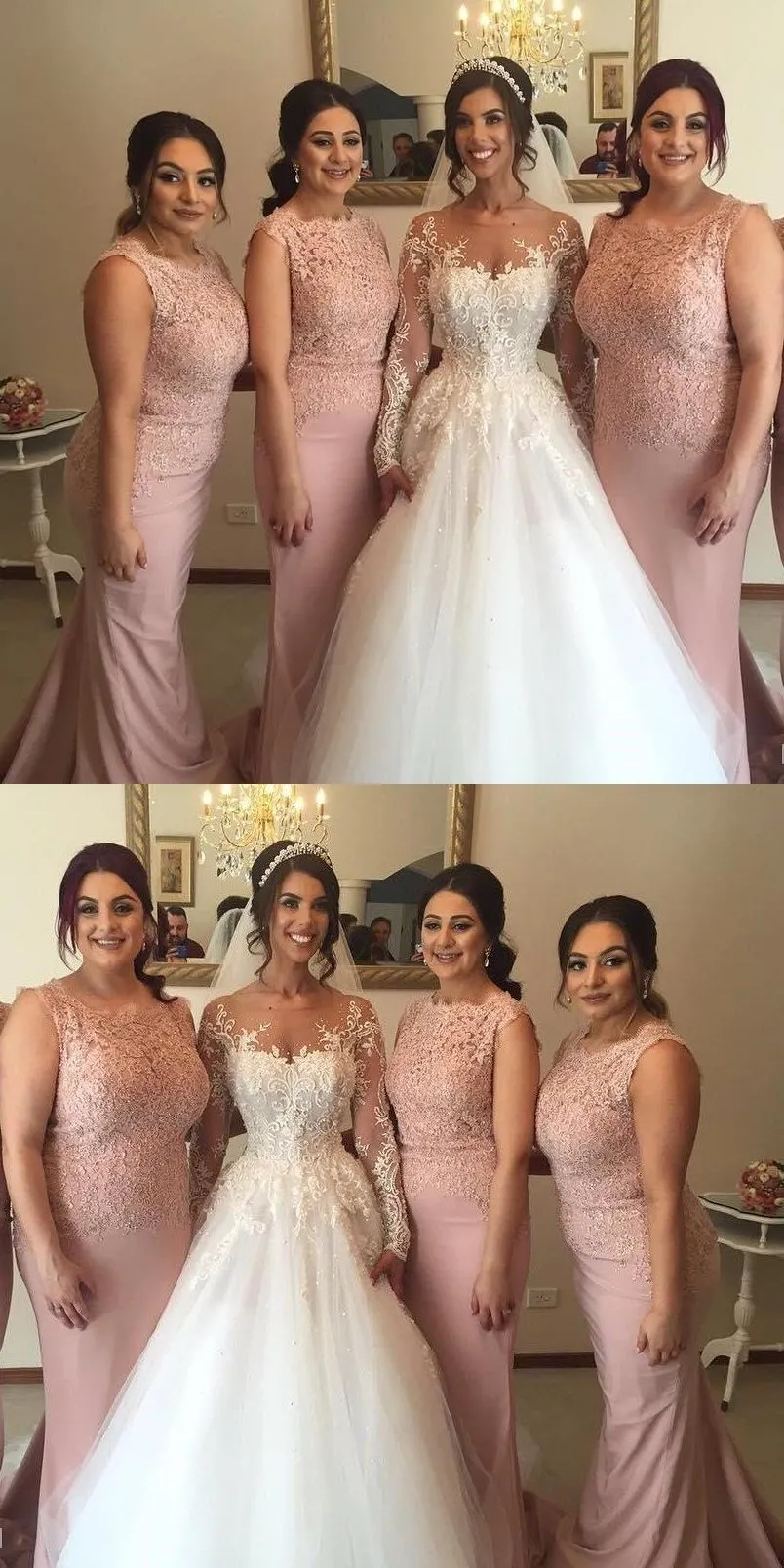 Custom Strapless Long Blush Pink Mermaid Top Lace Bridesmaid Dresses, Wedding Guest Dresses, WG251