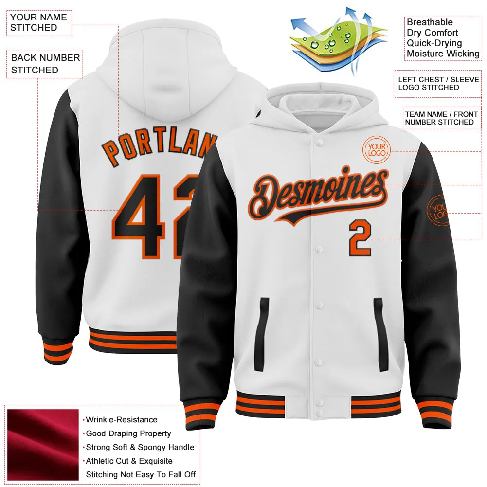 Custom White Black-Orange Bomber Full-Snap Varsity Letterman Two Tone Hoodie Jacket