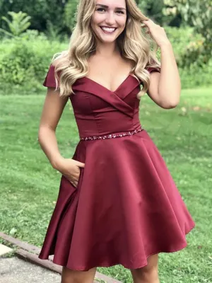 Cute Off Shoulder Burgundy Satin Short Prom Dresses with Beading Belt, Off Shoulder Burgundy Homecoming Dresses