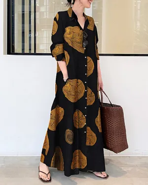 Cypriana - Printed linen long sleeve dress with loose maxi dress