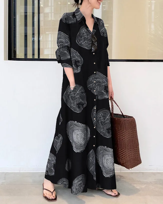 Cypriana - Printed linen long sleeve dress with loose maxi dress