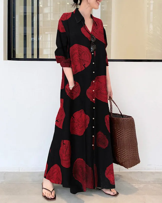 Cypriana - Printed linen long sleeve dress with loose maxi dress