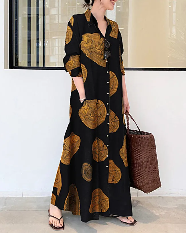 Cypriana - Printed linen long sleeve dress with loose maxi dress