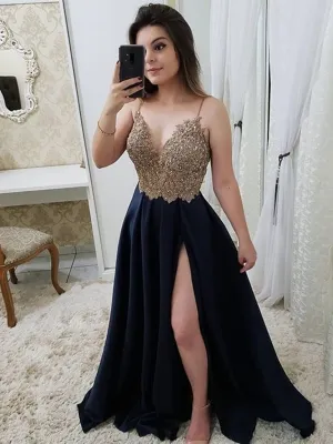 Dark Blue V Neck Gold Lace Beading Satin Long Prom Dresses with High Slit, Dark Blue Formal Dresses, Custom Made Sweet 16 Dresses