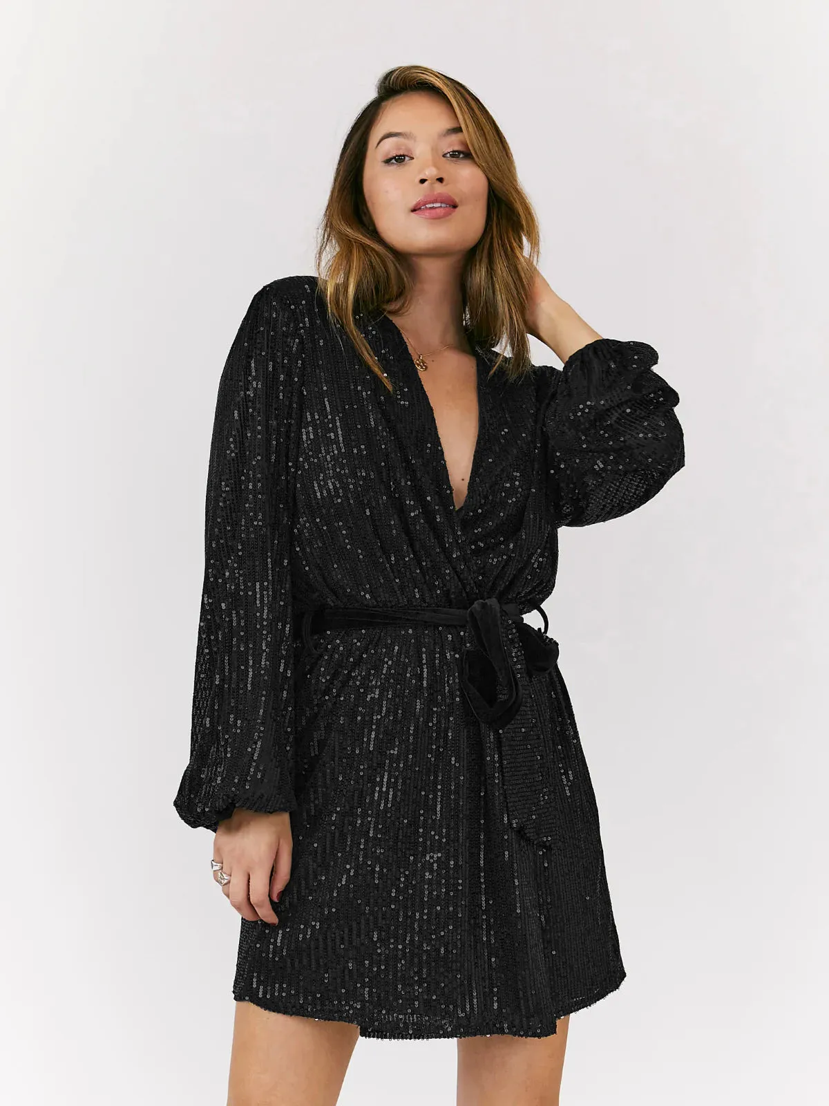 Dasha Sequin Long Sleeve Mini Dress - Black
