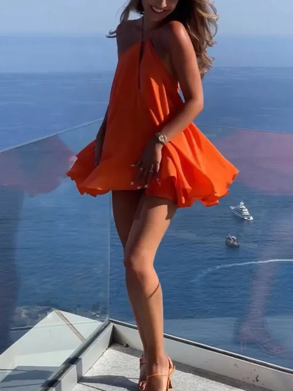 Deep V-Neck Backless Mini Dress with Spaghetti Straps
