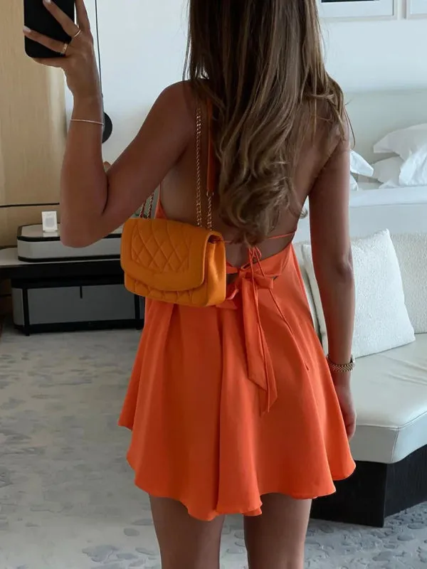 Deep V-Neck Backless Mini Dress with Spaghetti Straps