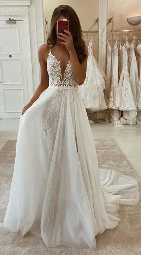 Deep V Neck Ivory Lace Long Wedding Dresses, White Lace Prom Dresses with High Split, Ivory Lace Tulle Long Formal Evening Dresses