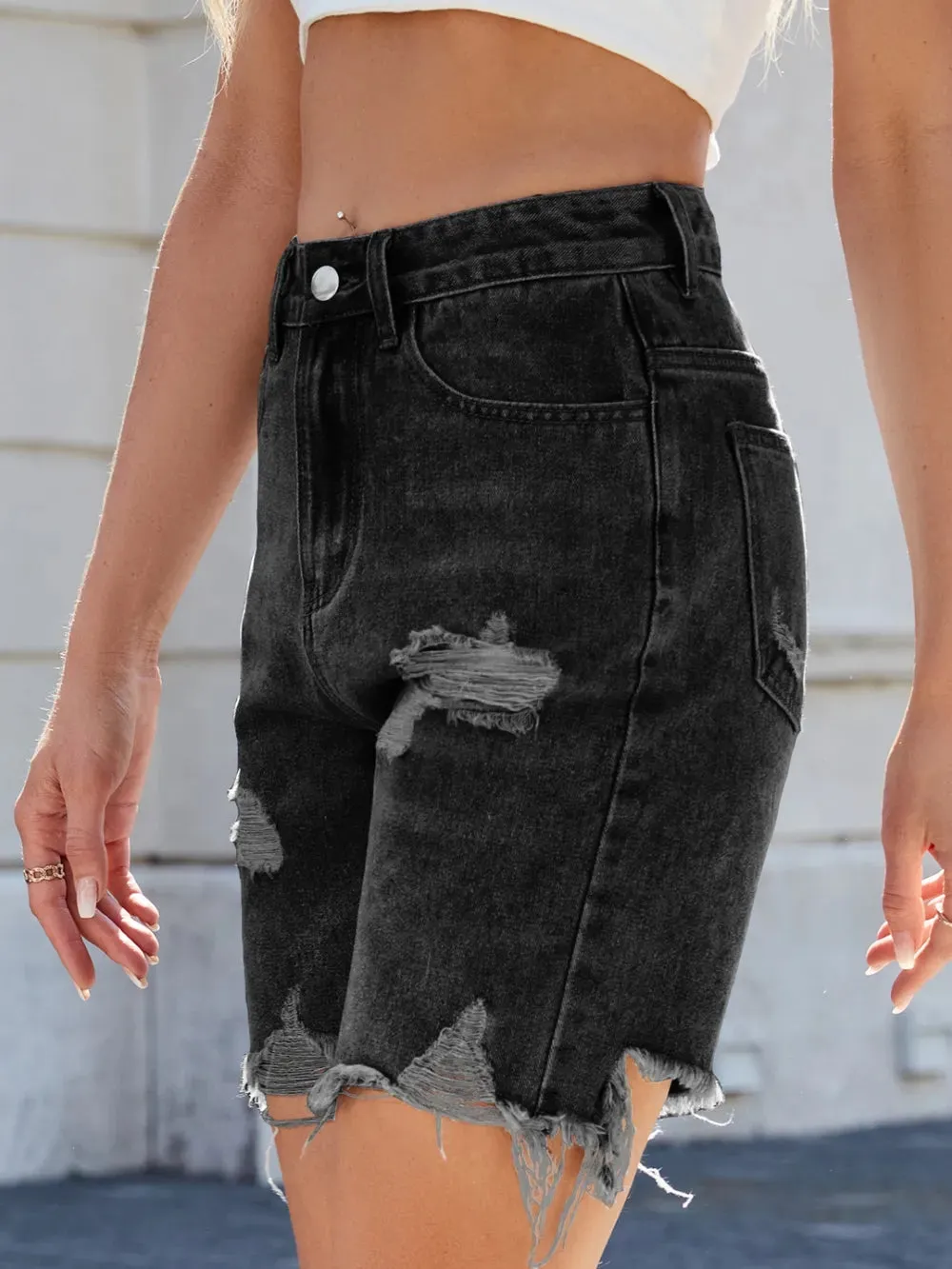 Distressed Raw Hem Denim Shorts