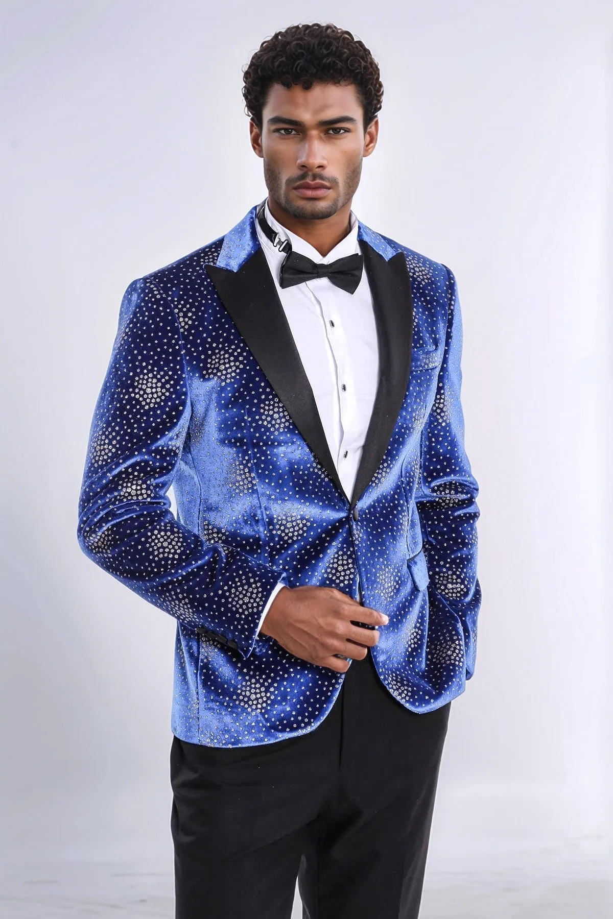 Dot Patterned Peak Lapel Blue Men Prom Blazer - Wessi