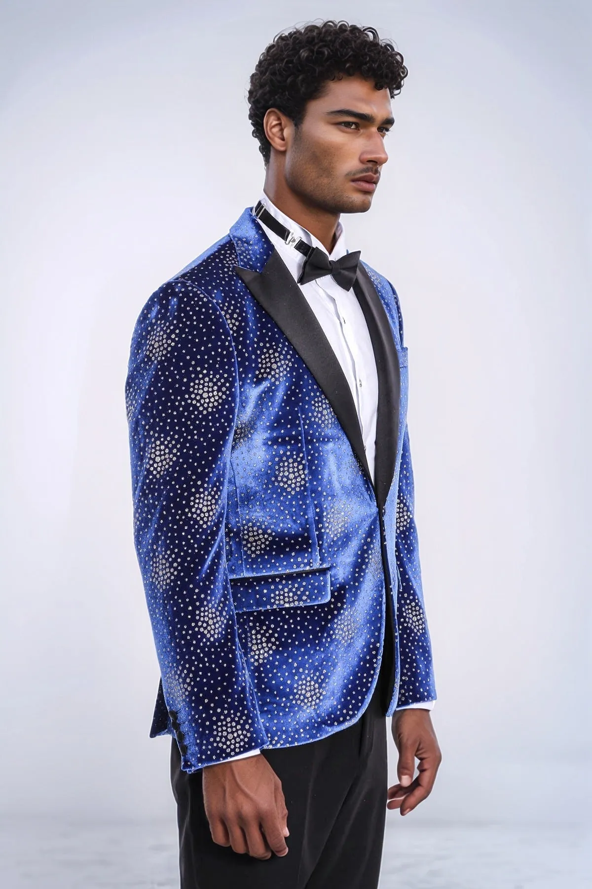 Dot Patterned Peak Lapel Blue Men Prom Blazer - Wessi