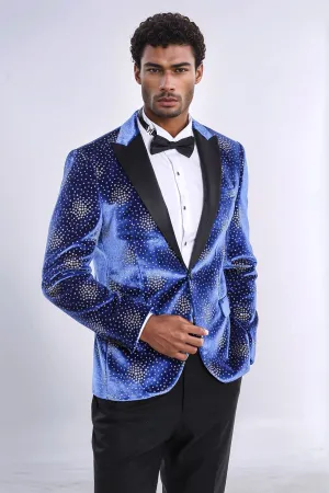 Dot Patterned Peak Lapel Blue Men Prom Blazer - Wessi