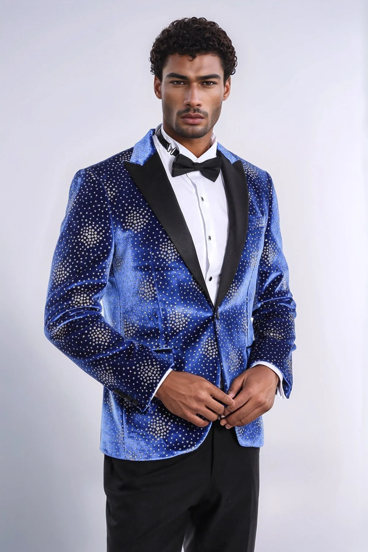 Dot Patterned Peak Lapel Blue Men Prom Blazer - Wessi