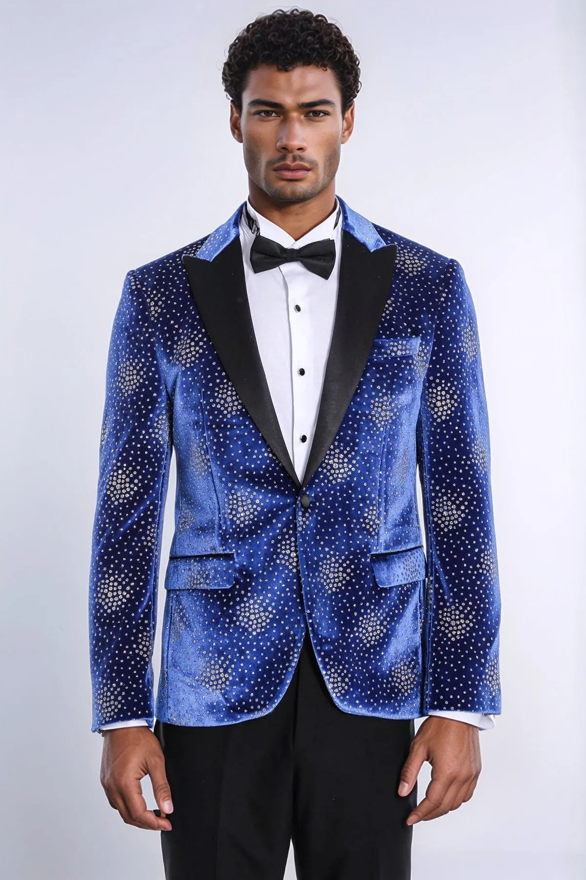 Dot Patterned Peak Lapel Blue Men Prom Blazer - Wessi