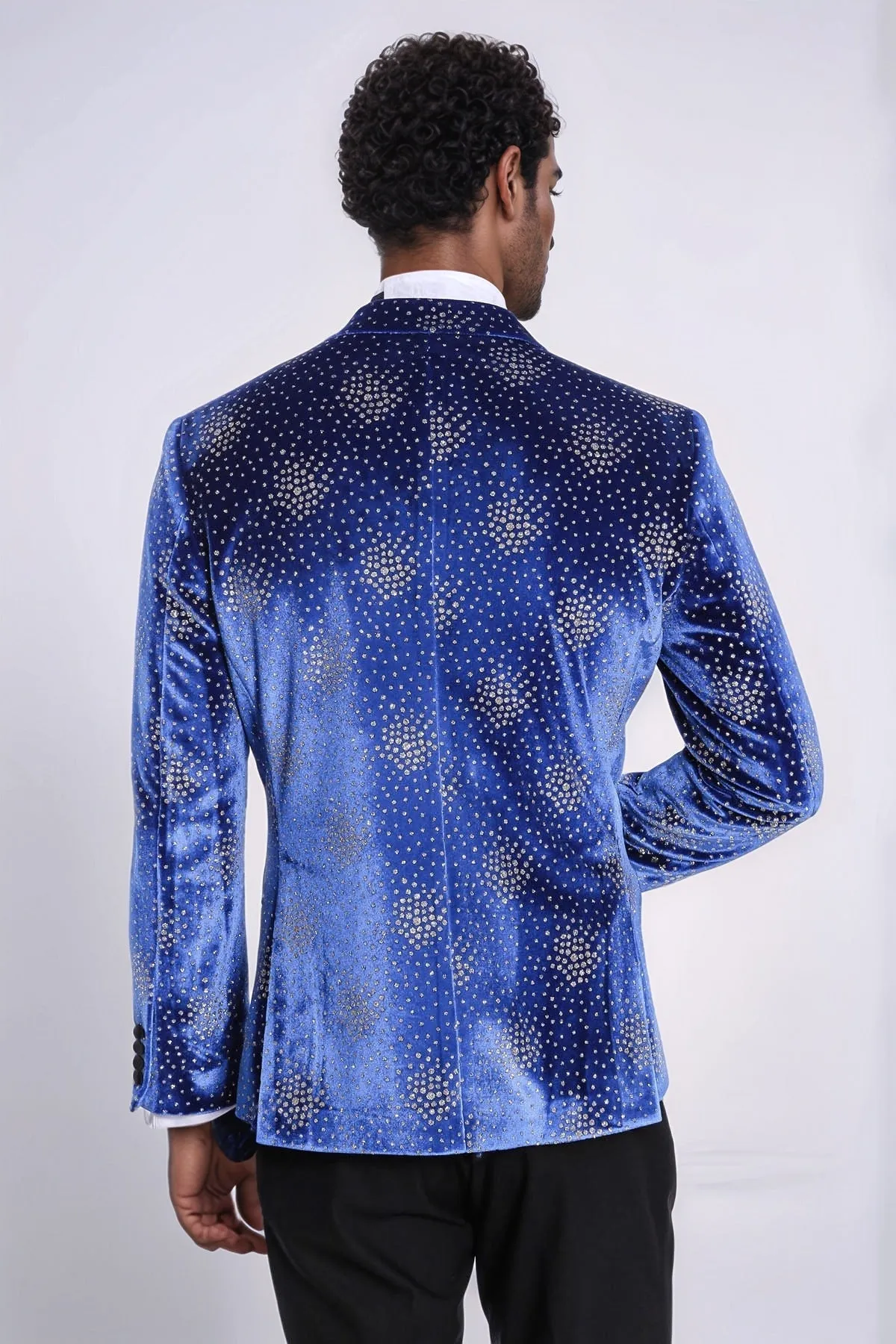 Dot Patterned Peak Lapel Blue Men Prom Blazer - Wessi
