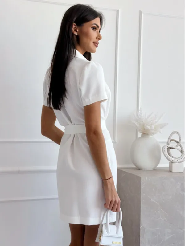 Double-Breasted Knee-Length Dress with Suit Collar and Belted Waist