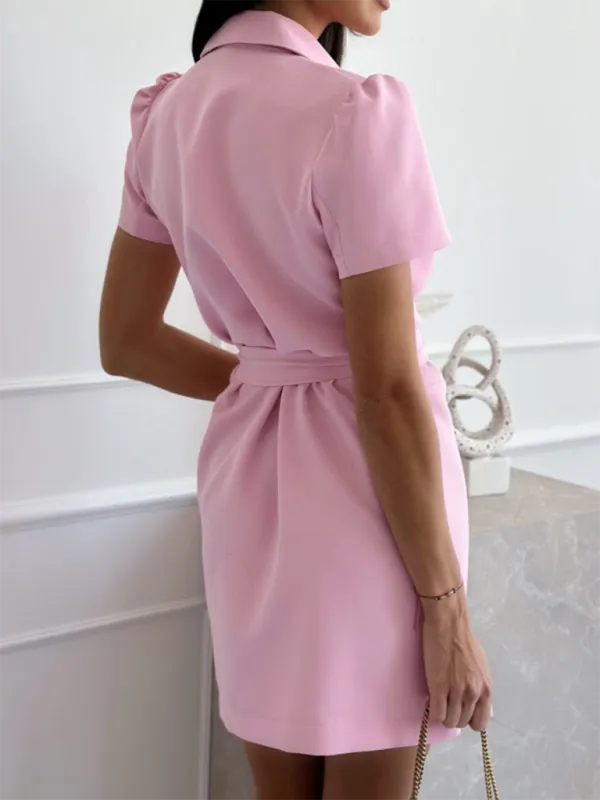 Double-Breasted Knee-Length Dress with Suit Collar and Belted Waist