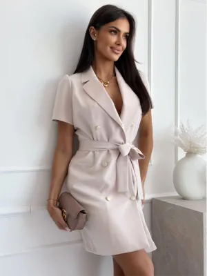 Double-Breasted Knee-Length Dress with Suit Collar and Belted Waist