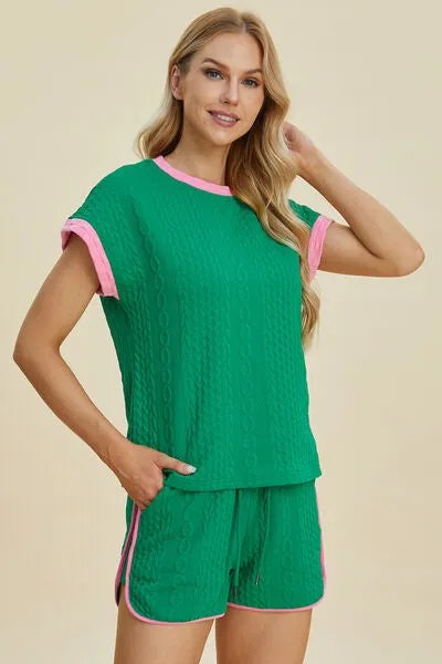 Double Take Full Size Texture Contrast T-Shirt and Shorts Set