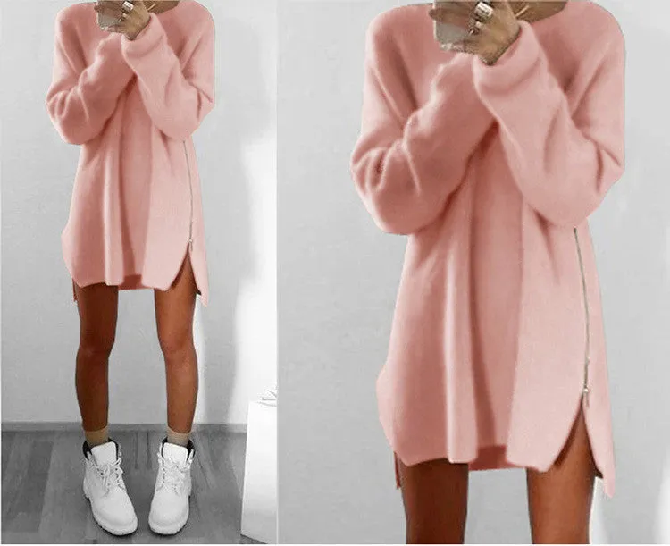 Dress Casual Loose Blue Beige Pink Dress Plus Size Zipper Sweater Dress Women Dresses Vestidos