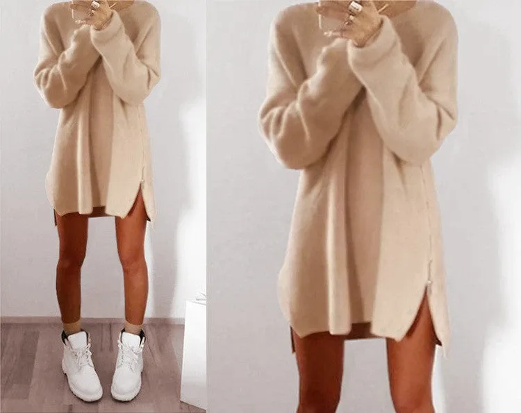Dress Casual Loose Blue Beige Pink Dress Plus Size Zipper Sweater Dress Women Dresses Vestidos