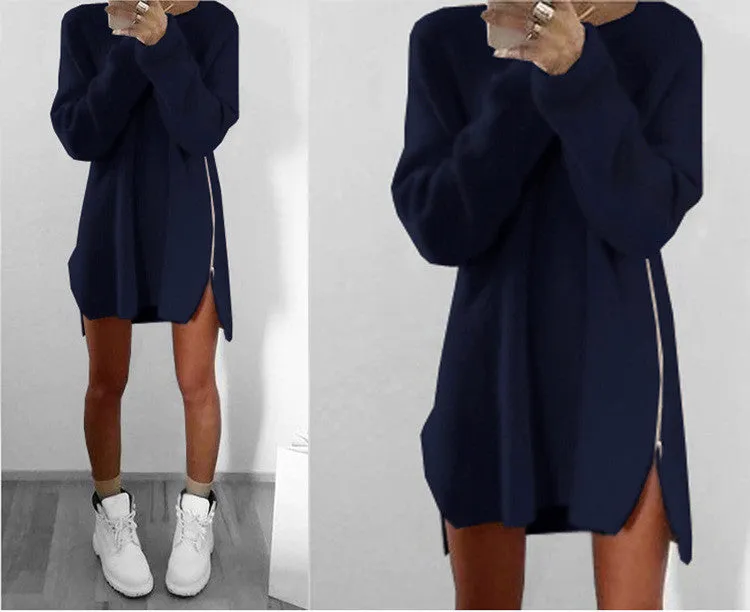 Dress Casual Loose Blue Beige Pink Dress Plus Size Zipper Sweater Dress Women Dresses Vestidos