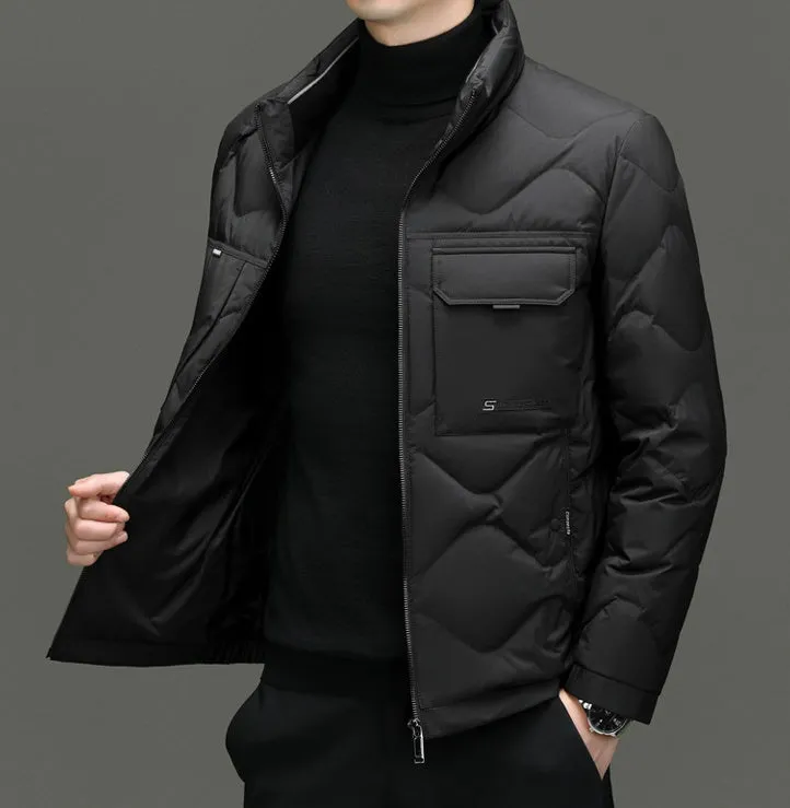Easy-to-Clean Solid Color Puffer Jacket Featuring Label Detailing