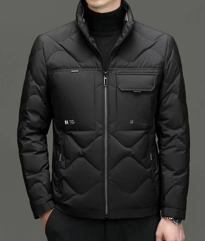 Easy-to-Clean Solid Color Puffer Jacket Featuring Label Detailing