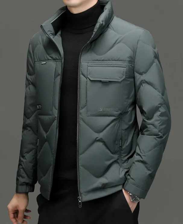 Easy-to-Clean Solid Color Puffer Jacket Featuring Label Detailing