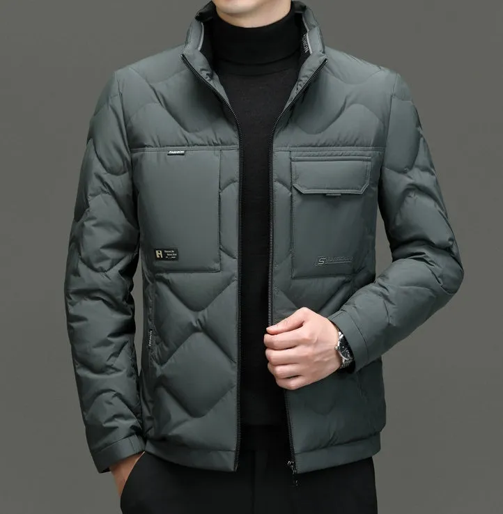 Easy-to-Clean Solid Color Puffer Jacket Featuring Label Detailing