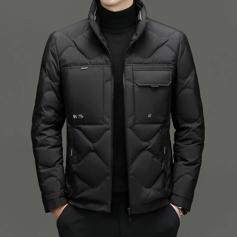 Easy-to-Clean Solid Color Puffer Jacket Featuring Label Detailing